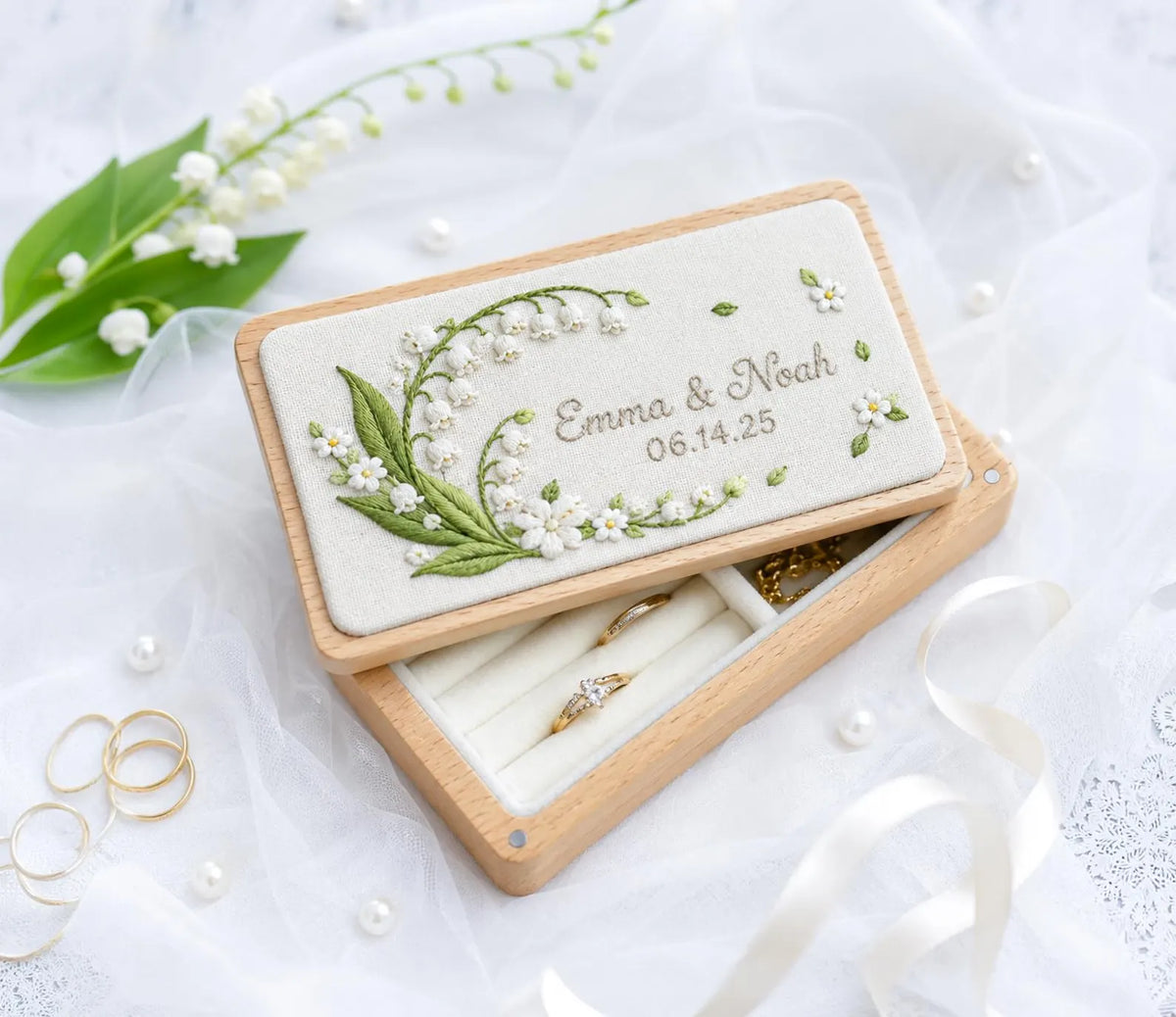 Personalized Wedding Ring Box, Lily of the Valley Embroidered Wooden Ring Bearer Box, Custom Names Date, Wedding Ring Box Gift