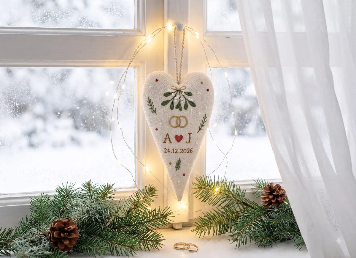 Personalized Wedding Heart Ornament – Hand Embroidered Linen Floral Ornament with Names & Date – Custom Wedding Christmas Gift Decoration