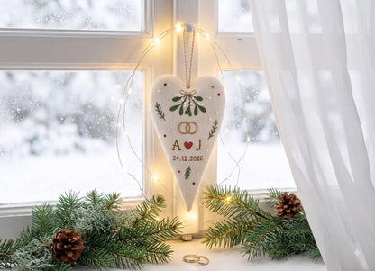 Personalized Wedding Heart Ornament – Hand Embroidered Linen Floral Ornament with Names & Date – Custom Wedding Christmas Gift Decoration