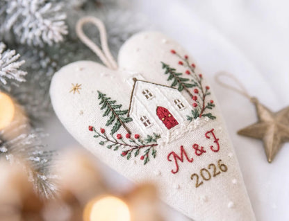 Personalized Wedding Heart Ornament – Hand Embroidered Linen Floral Ornament with Names & Date – Custom Wedding Christmas Gift Decoration