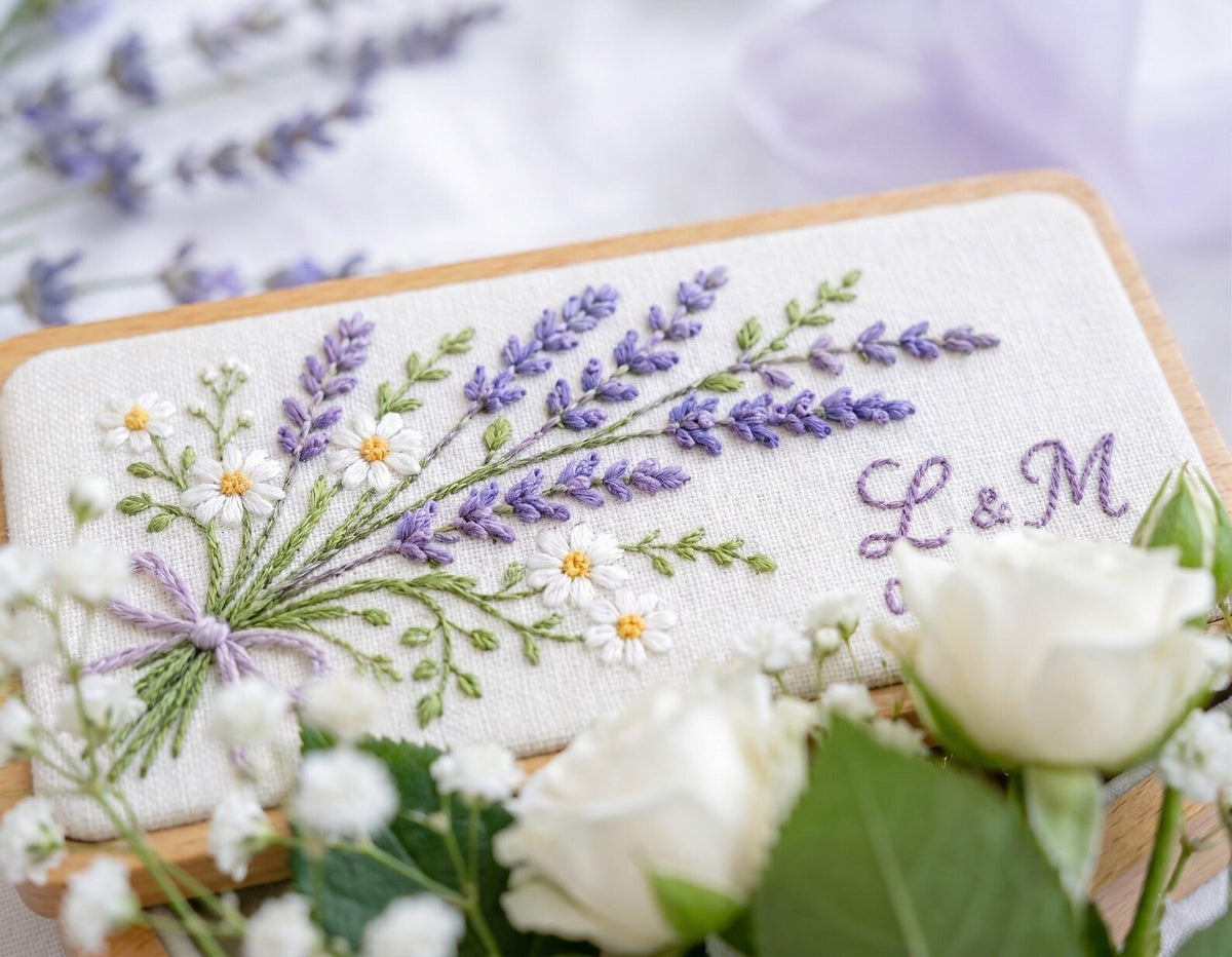 Personalized Wedding Ring Box, Lavender & Daisy Embroidered Wooden Ring Bearer Box, Custom Initials Date, Bridal Keepsake Gift for Newlyweds