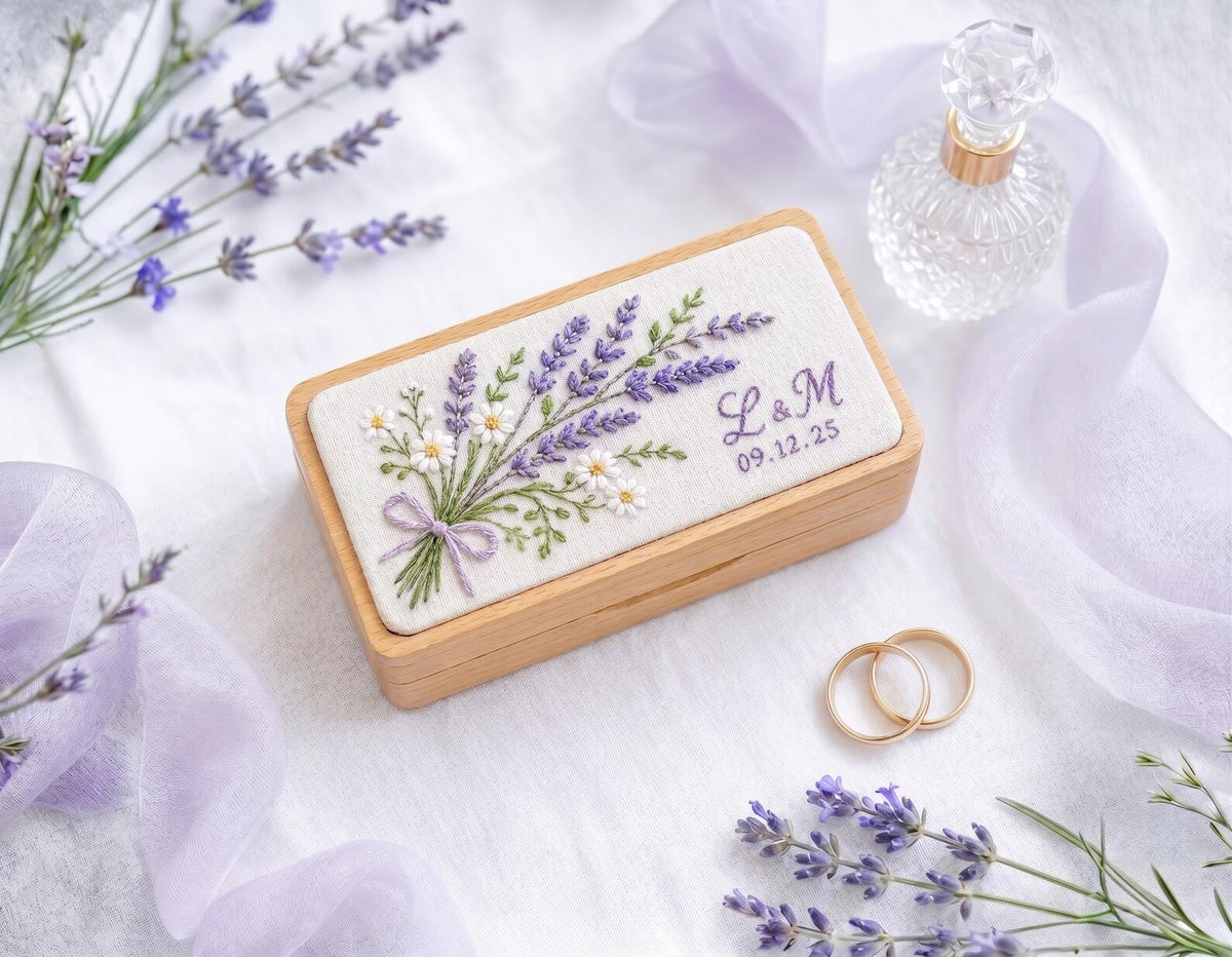 Personalized Wedding Ring Box, Lavender & Daisy Embroidered Wooden Ring Bearer Box, Custom Initials Date, Bridal Keepsake Gift for Newlyweds