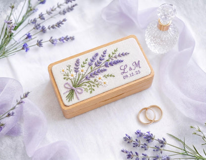 Personalized Wedding Ring Box, Lavender & Daisy Embroidered Wooden Ring Bearer Box, Custom Initials Date, Bridal Keepsake Gift for Newlyweds