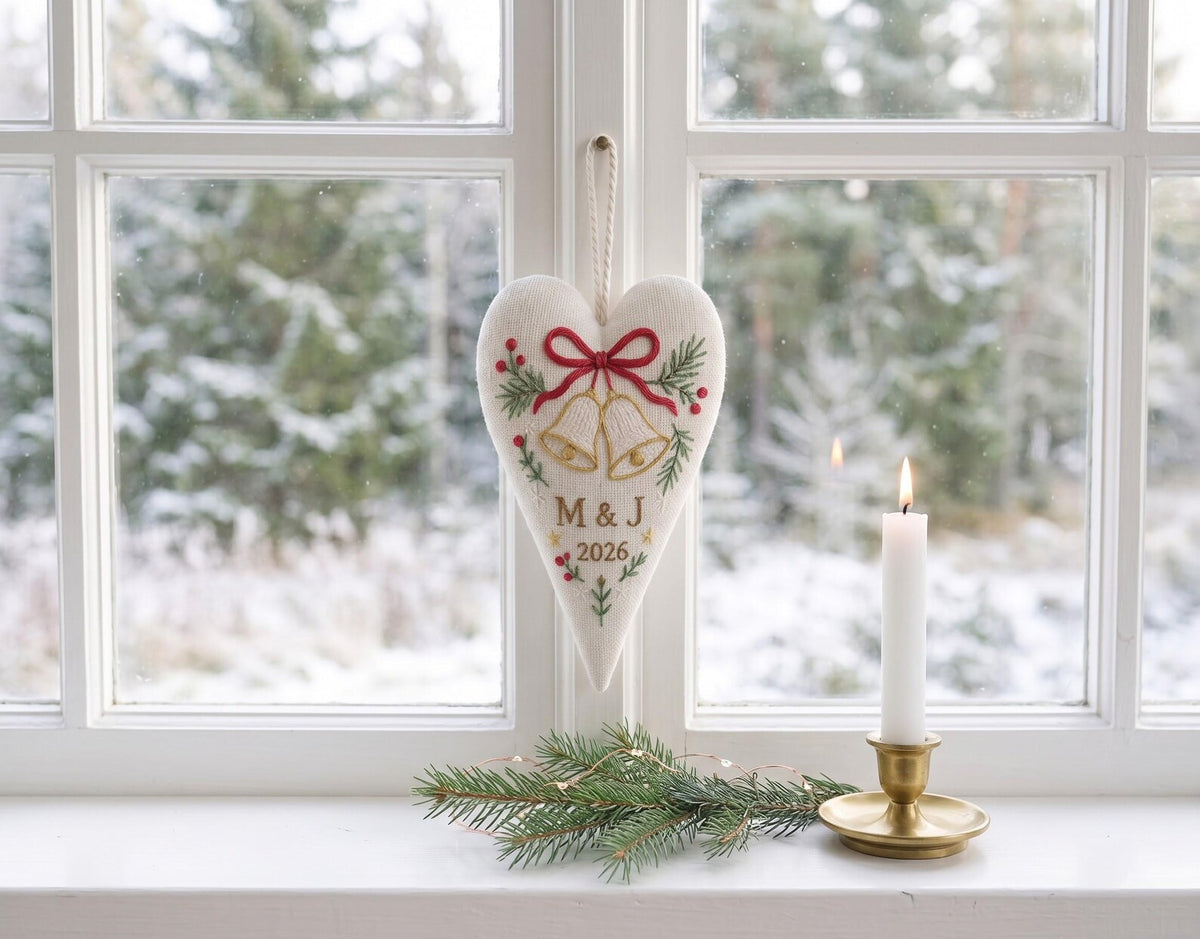 Personalized Christmas Heart Ornament, Embroidered Wedding Bells Linen Ornament, Custom Couple Initials & Year, Christmas Gift for Newlyweds