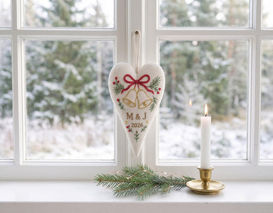 Personalized Christmas Heart Ornament, Embroidered Wedding Bells Linen Ornament, Custom Couple Initials & Year, Christmas Gift for Newlyweds
