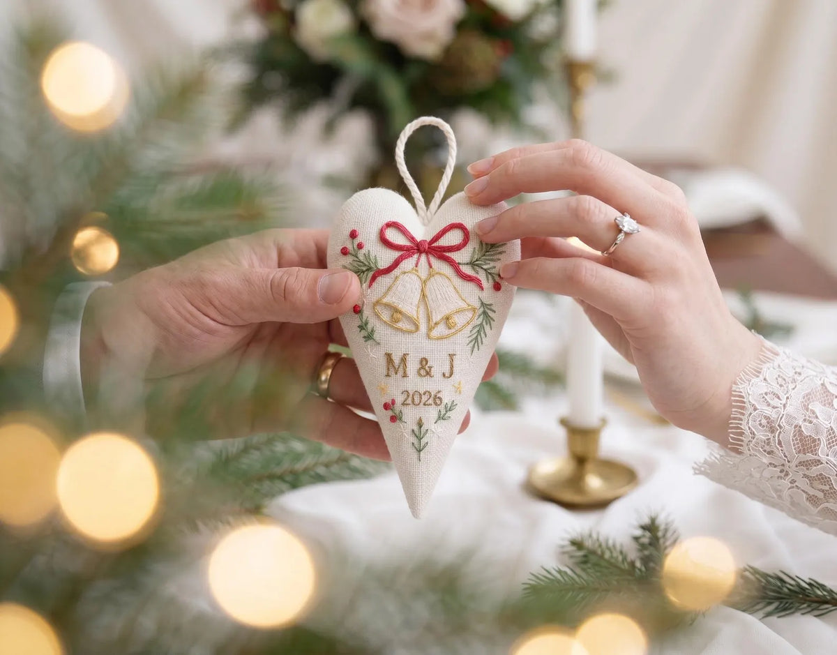 Personalized Christmas Heart Ornament, Embroidered Wedding Bells Linen Ornament, Custom Couple Initials & Year, Christmas Gift for Newlyweds