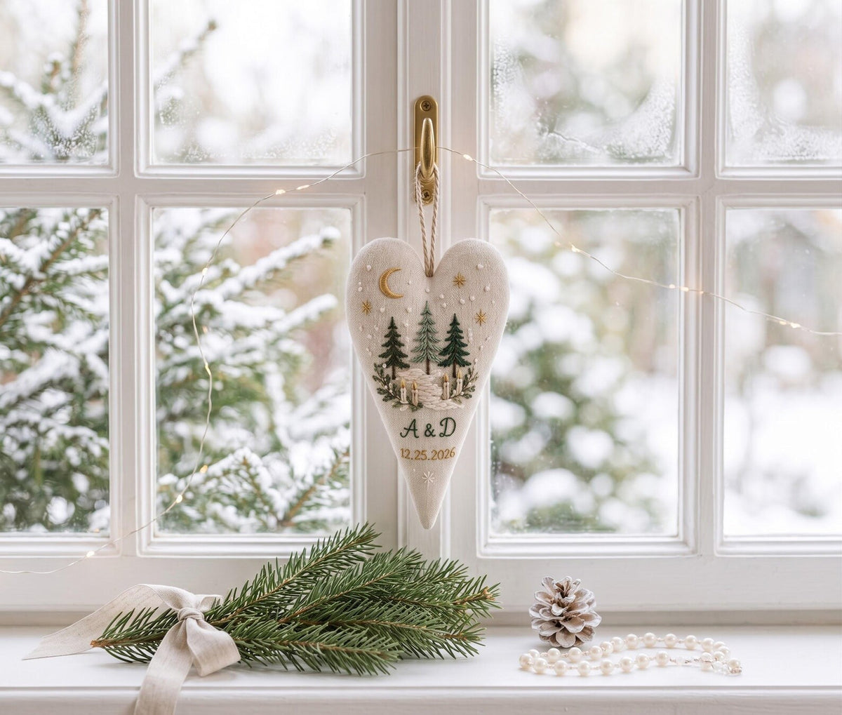 Personalized Christmas Heart Ornament, Embroidered Pine Forest Linen Ornament, Custom Couple Initials & Date, Winter Wedding Gift for Couple