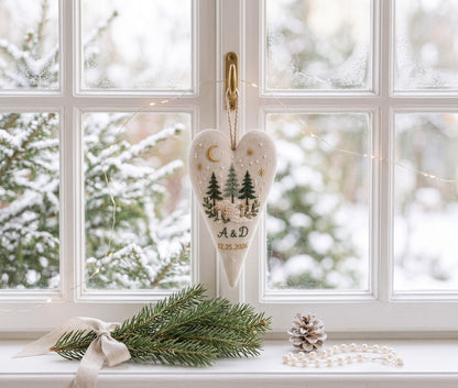 Personalized Christmas Heart Ornament, Embroidered Pine Forest Linen Ornament, Custom Couple Initials & Date, Winter Wedding Gift for Couple