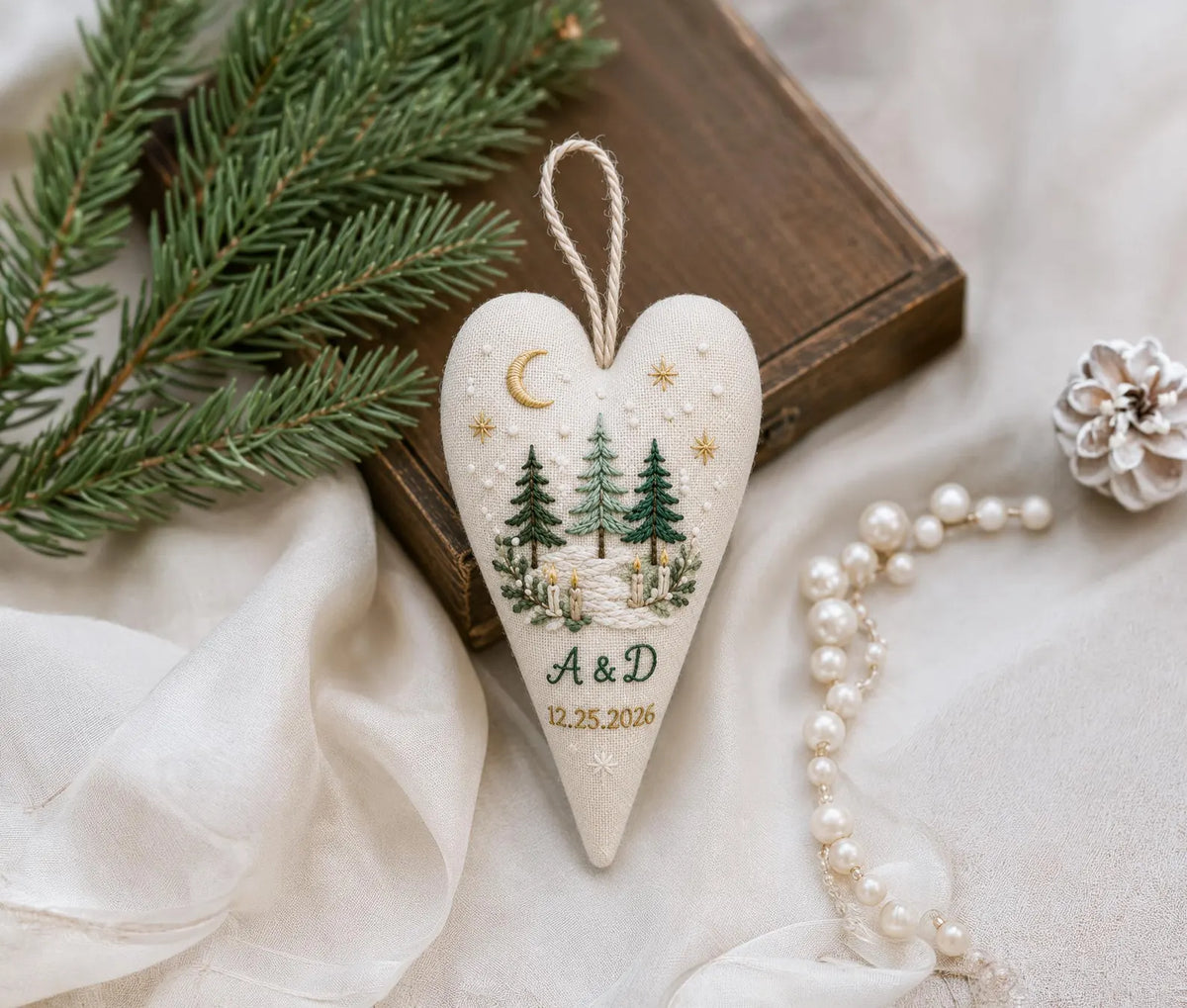 Personalized Christmas Heart Ornament, Embroidered Pine Forest Linen Ornament, Custom Couple Initials & Date, Winter Wedding Gift for Couple