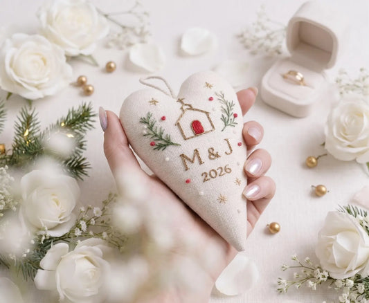 Personalized Christmas Heart Ornament, Embroidered Church Wedding Ornament, Custom Couple Initials & Year, Winter Wedding Keepsake Gift Sets
