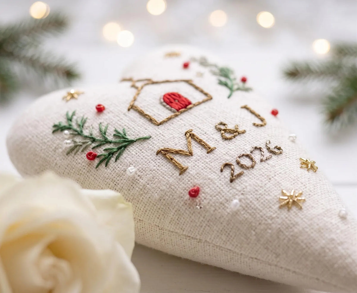 Personalized Christmas Heart Ornament, Embroidered Church Wedding Ornament, Custom Couple Initials & Year, Winter Wedding Keepsake Gift Sets