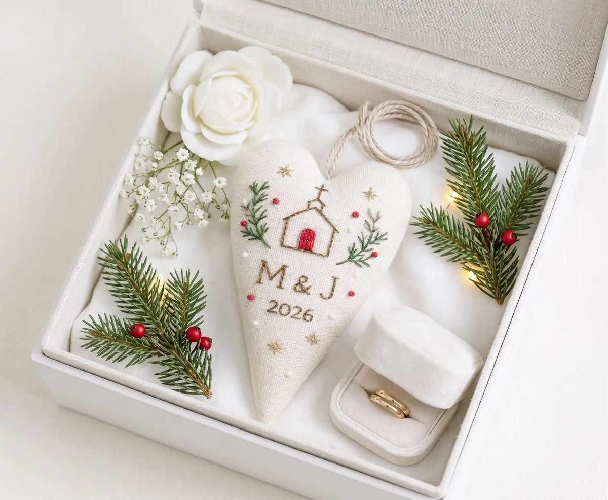 Personalized Christmas Heart Ornament, Embroidered Church Wedding Ornament, Custom Couple Initials & Year, Winter Wedding Keepsake Gift Sets
