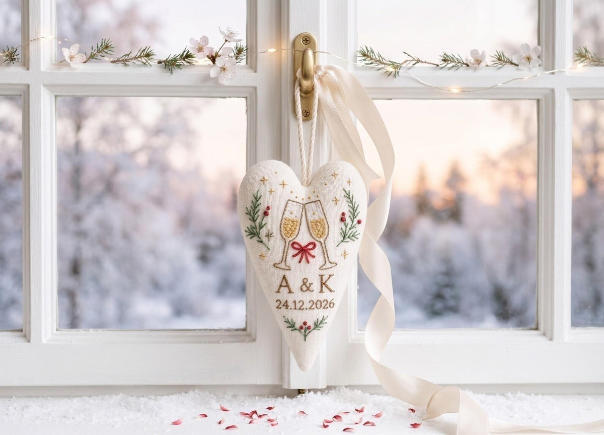 Personalized Christmas Heart Ornament, Embroidered Champagne Glasses Wedding Ornament, Custom Couple Initials & Date, Holiday Keepsake Gifts