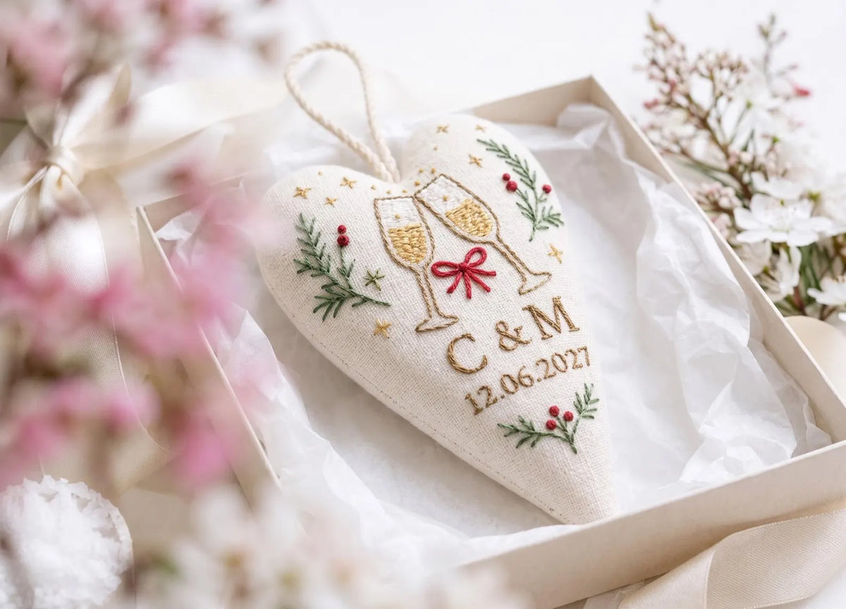Personalized Christmas Heart Ornament, Embroidered Champagne Glasses Wedding Ornament, Custom Couple Initials & Date, Holiday Keepsake Gifts
