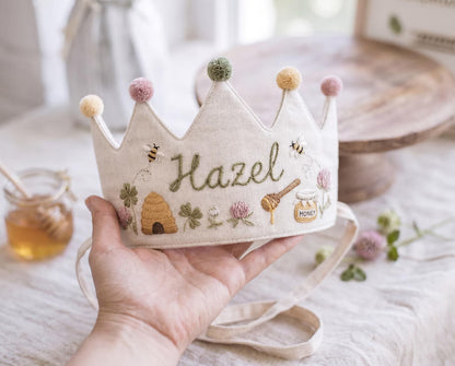 Personalized Bee Birthday Crown, Hand Embroidered Linen Party Hat, Honey Bee Beehive Crown, Custom Name Kids Birthday Gift