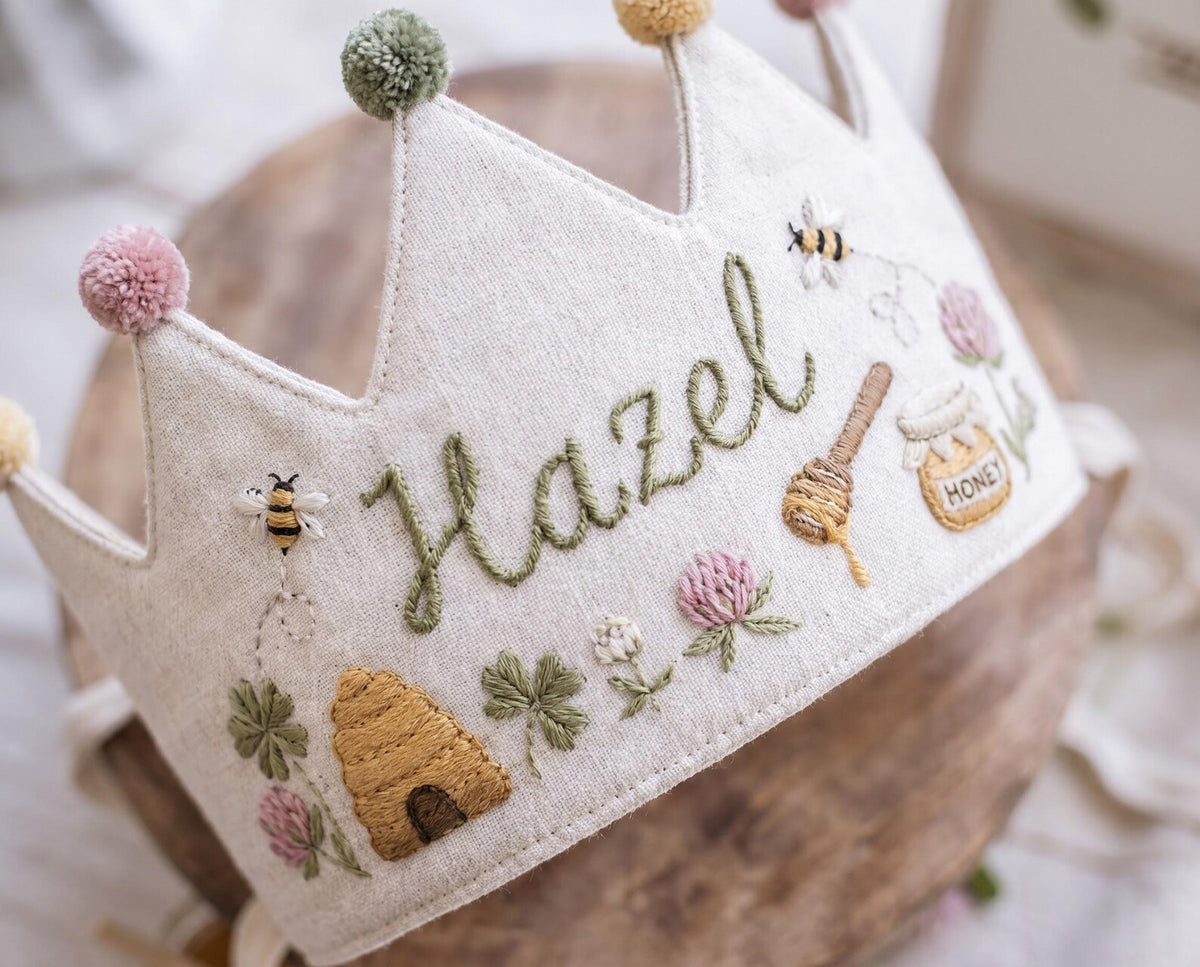 Personalized Bee Birthday Crown, Hand Embroidered Linen Party Hat, Honey Bee Beehive Crown, Custom Name Kids Birthday Gift