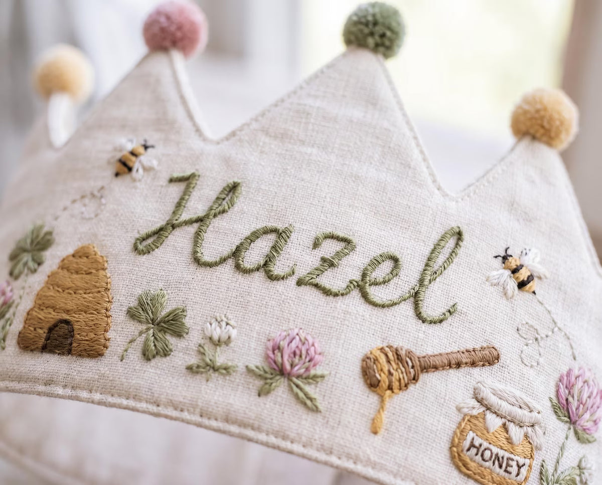 Personalized Bee Birthday Crown, Hand Embroidered Linen Party Hat, Honey Bee Beehive Crown, Custom Name Kids Birthday Gift