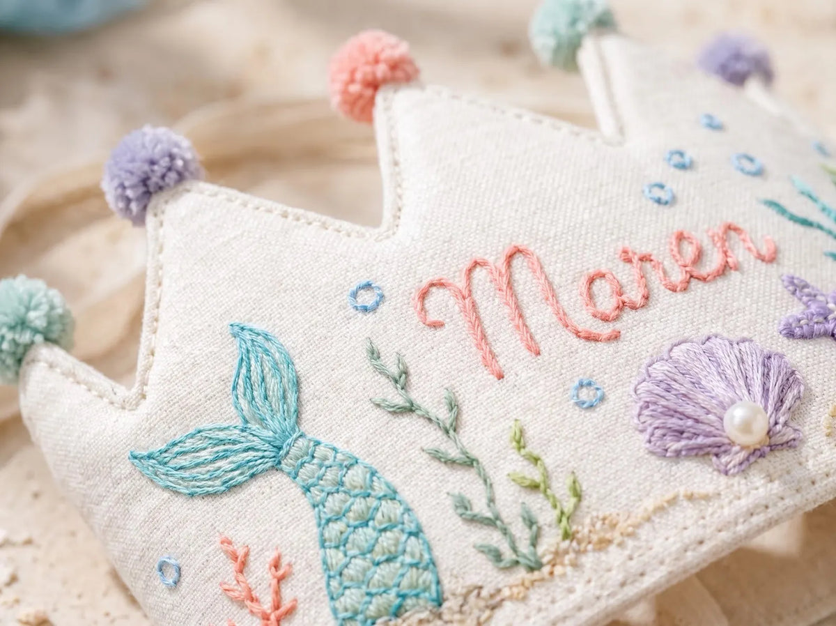 Personalized Mermaid Birthday Crown, Hand Embroidered Linen Party Hat, Custom Name Ocean Crown, Under the Sea Birthday Gift