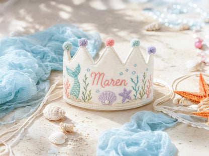 Personalized Mermaid Birthday Crown, Hand Embroidered Linen Party Hat, Custom Name Ocean Crown, Under the Sea Birthday Gift