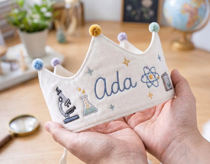 Personalized Science Birthday Crown, Hand Embroidered Linen Party Hat, Custom Name STEM Crown, Scientist Kids Birthday Gift