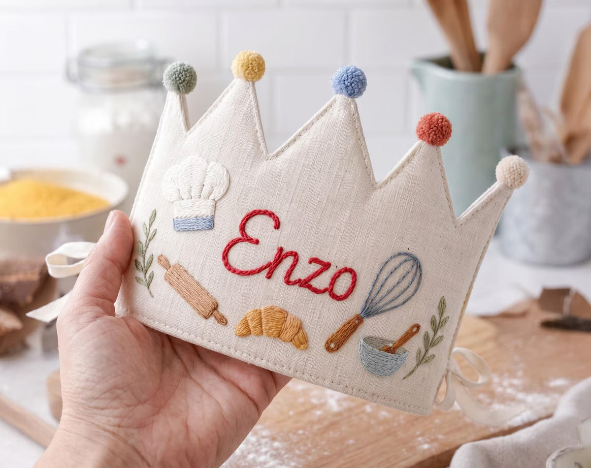 Personalized Baking Birthday Crown, Hand Embroidered Chef Party Hat, Custom Name Kids Crown, Baker Cooking Birthday Gift