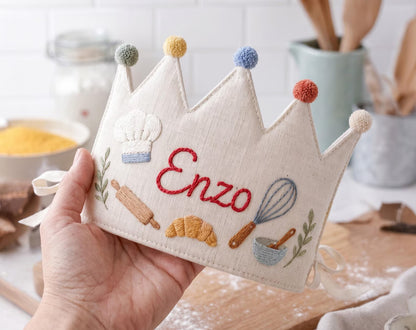 Personalized Baking Birthday Crown, Hand Embroidered Chef Party Hat, Custom Name Kids Crown, Baker Cooking Birthday Gift