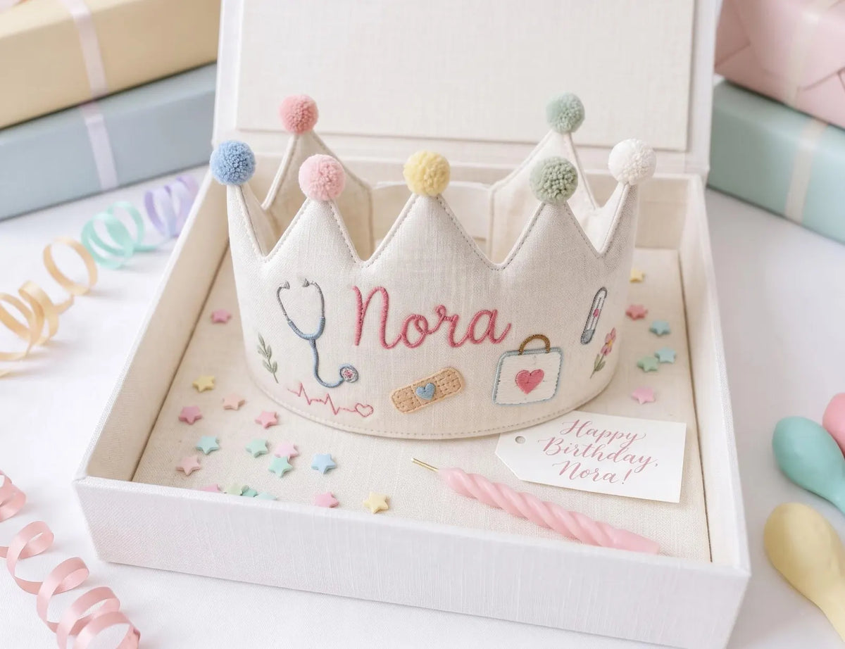 Personalized Doctor Birthday Crown, Hand Embroidered Linen Party Hat, Custom Name Medical Crown, Nurse Stethoscope Kids Birthday Gift