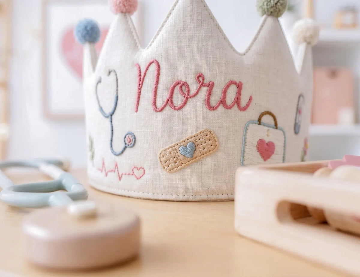 Personalized Doctor Birthday Crown, Hand Embroidered Linen Party Hat, Custom Name Medical Crown, Nurse Stethoscope Kids Birthday Gift