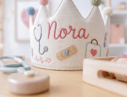 Personalized Doctor Birthday Crown, Hand Embroidered Linen Party Hat, Custom Name Medical Crown, Nurse Stethoscope Kids Birthday Gift