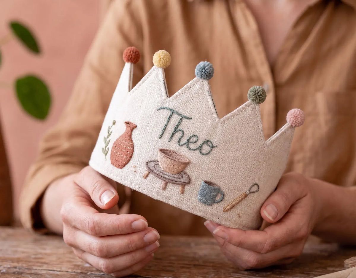 Personalized Pottery Birthday Crown, Hand Embroidered Linen Party Hat, Custom Name Ceramic Artist Crown, Pottery Lover Kids Gift