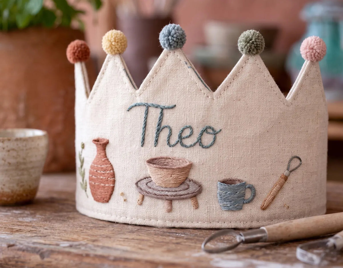Personalized Pottery Birthday Crown, Hand Embroidered Linen Party Hat, Custom Name Ceramic Artist Crown, Pottery Lover Kids Gift