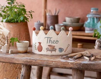 Personalized Pottery Birthday Crown, Hand Embroidered Linen Party Hat, Custom Name Ceramic Artist Crown, Pottery Lover Kids Gift