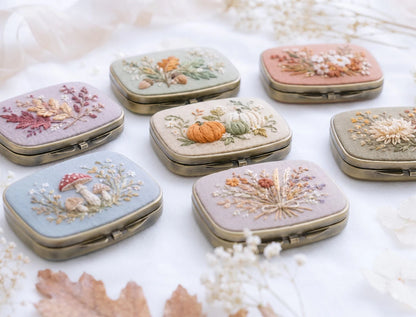 Embroidered Autumn Jewelry Box, Mini Floral Ring Box, Pumpkin Mushroom Leaf Keepsake, Vintage Trinket Case, Rustic Fall Wedding Gift for Her