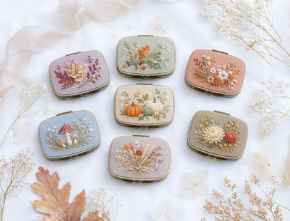 Embroidered Autumn Jewelry Box, Mini Floral Ring Box, Pumpkin Mushroom Leaf Keepsake, Vintage Trinket Case, Rustic Fall Wedding Gift for Her