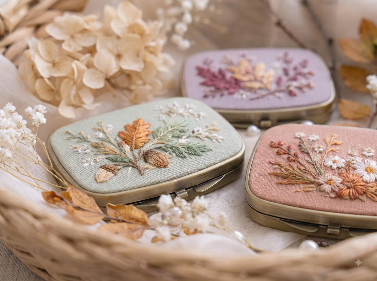 Embroidered Autumn Jewelry Box, Mini Floral Ring Box, Pumpkin Mushroom Leaf Keepsake, Vintage Trinket Case, Rustic Fall Wedding Gift for Her
