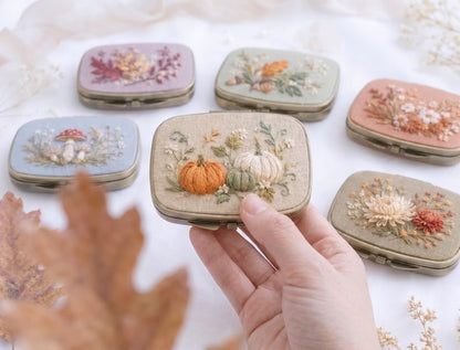 Embroidered Autumn Jewelry Box, Mini Floral Ring Box, Pumpkin Mushroom Leaf Keepsake, Vintage Trinket Case, Rustic Fall Wedding Gift for Her