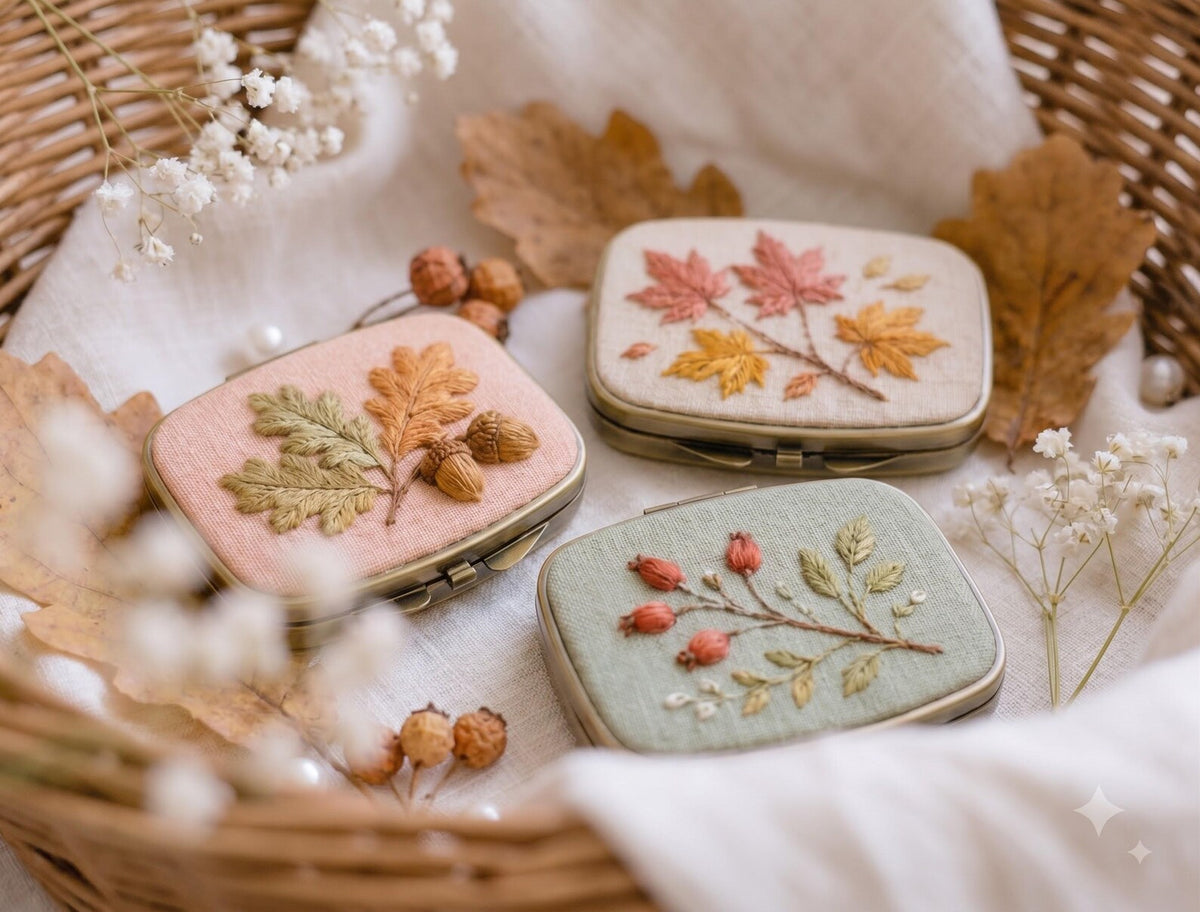 Embroidered Autumn Jewelry Box, Mini Floral Ring Box, Pumpkin Mushroom Leaf Keepsake, Vintage Trinket Case, Rustic Fall Wedding Gift for Her