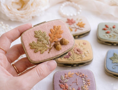 Embroidered Autumn Jewelry Box, Mini Floral Ring Box, Pumpkin Mushroom Leaf Keepsake, Vintage Trinket Case, Rustic Fall Wedding Gift for Her