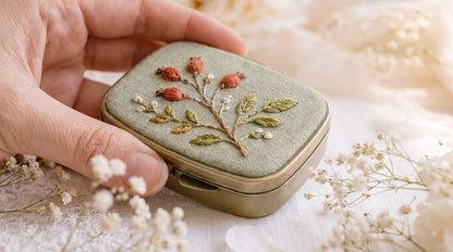 Embroidered Autumn Jewelry Box, Mini Floral Ring Box, Pumpkin Mushroom Leaf Keepsake, Vintage Trinket Case, Rustic Fall Wedding Gift for Her