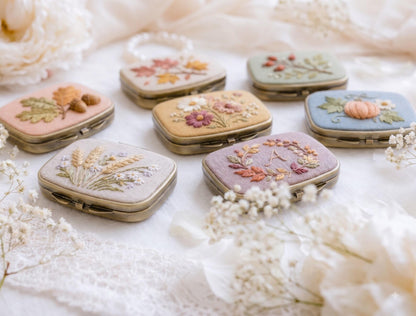 Embroidered Autumn Jewelry Box, Mini Floral Ring Box, Pumpkin Mushroom Leaf Keepsake, Vintage Trinket Case, Rustic Fall Wedding Gift for Her