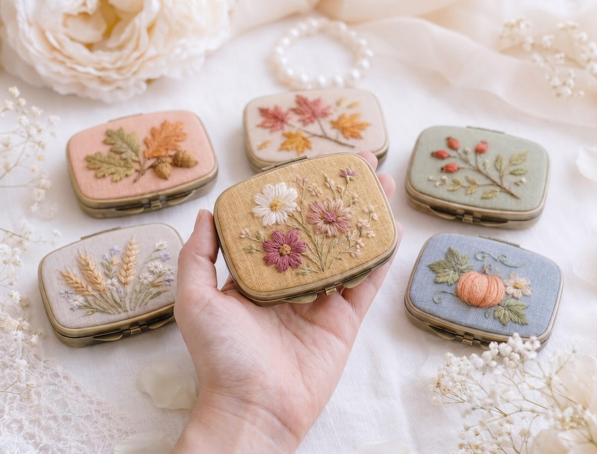 Embroidered Autumn Jewelry Box, Mini Floral Ring Box, Pumpkin Mushroom Leaf Keepsake, Vintage Trinket Case, Rustic Fall Wedding Gift for Her