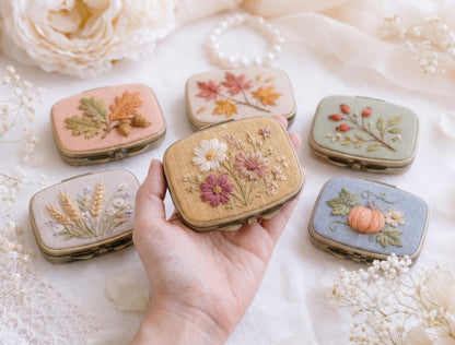 Embroidered Autumn Jewelry Box, Mini Floral Ring Box, Pumpkin Mushroom Leaf Keepsake, Vintage Trinket Case, Rustic Fall Wedding Gift for Her