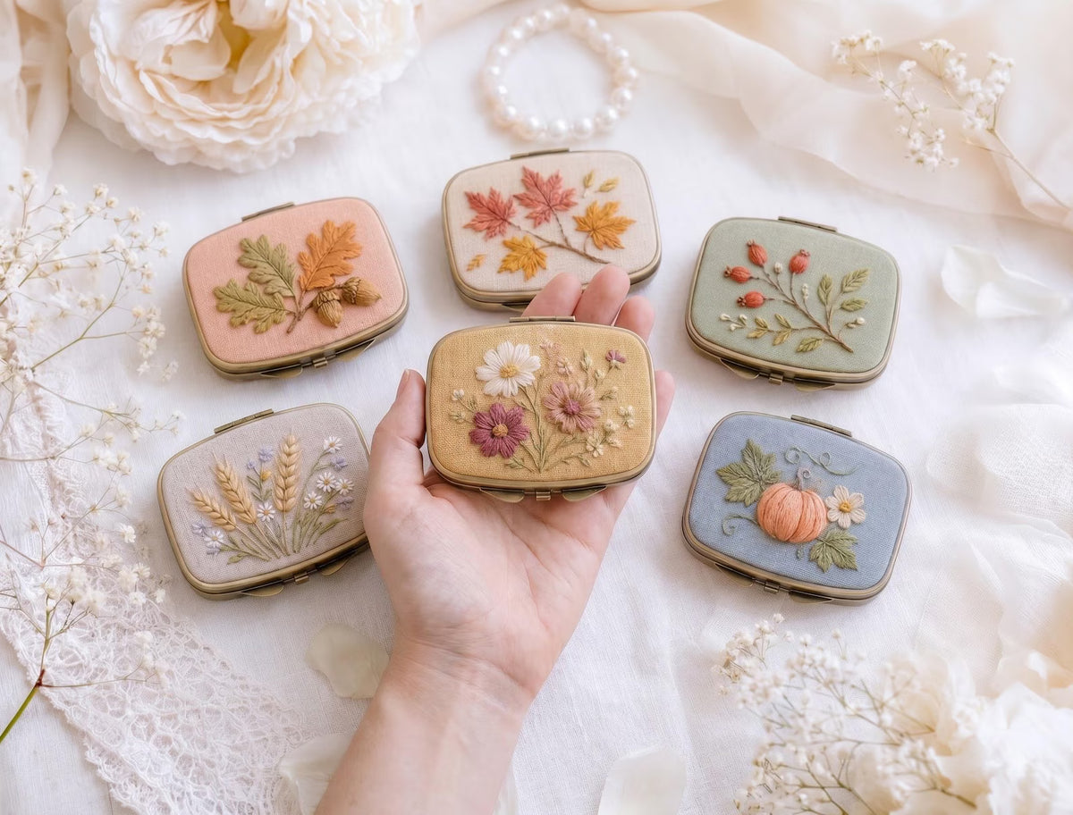 Embroidered Autumn Jewelry Box, Mini Floral Ring Box, Pumpkin Mushroom Leaf Keepsake, Vintage Trinket Case, Rustic Fall Wedding Gift for Her