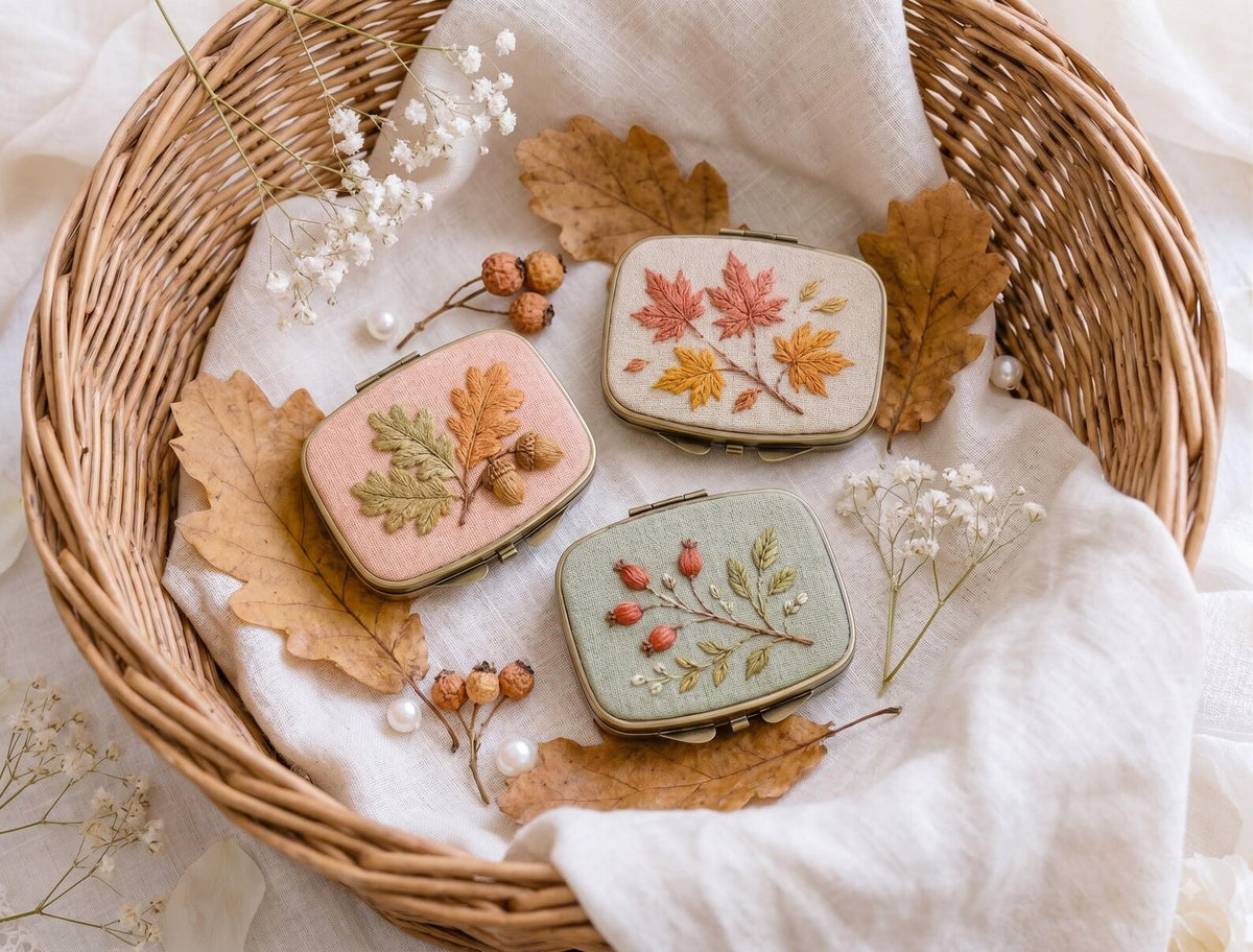 Embroidered Autumn Jewelry Box, Mini Floral Ring Box, Pumpkin Mushroom Leaf Keepsake, Vintage Trinket Case, Rustic Fall Wedding Gift for Her