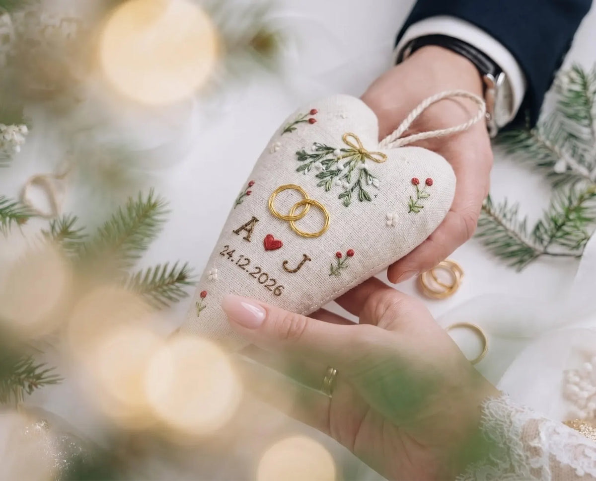 Personalized Christmas Heart Ornament, Embroidered Mistletoe Ring Ornament, Custom Couple Initials and Date, Christmas Wedding Keepsake Gift
