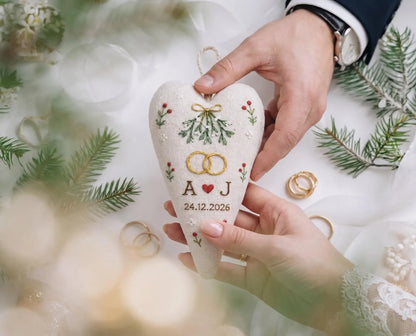 Personalized Christmas Heart Ornament, Embroidered Mistletoe Ring Ornament, Custom Couple Initials and Date, Christmas Wedding Keepsake Gift