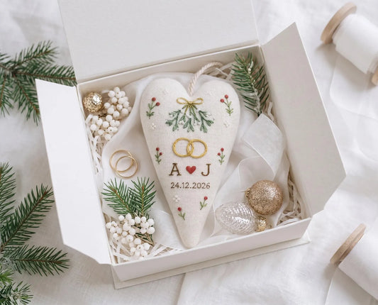 Personalized Christmas Heart Ornament, Embroidered Mistletoe Ring Ornament, Custom Couple Initials and Date, Christmas Wedding Keepsake Gift