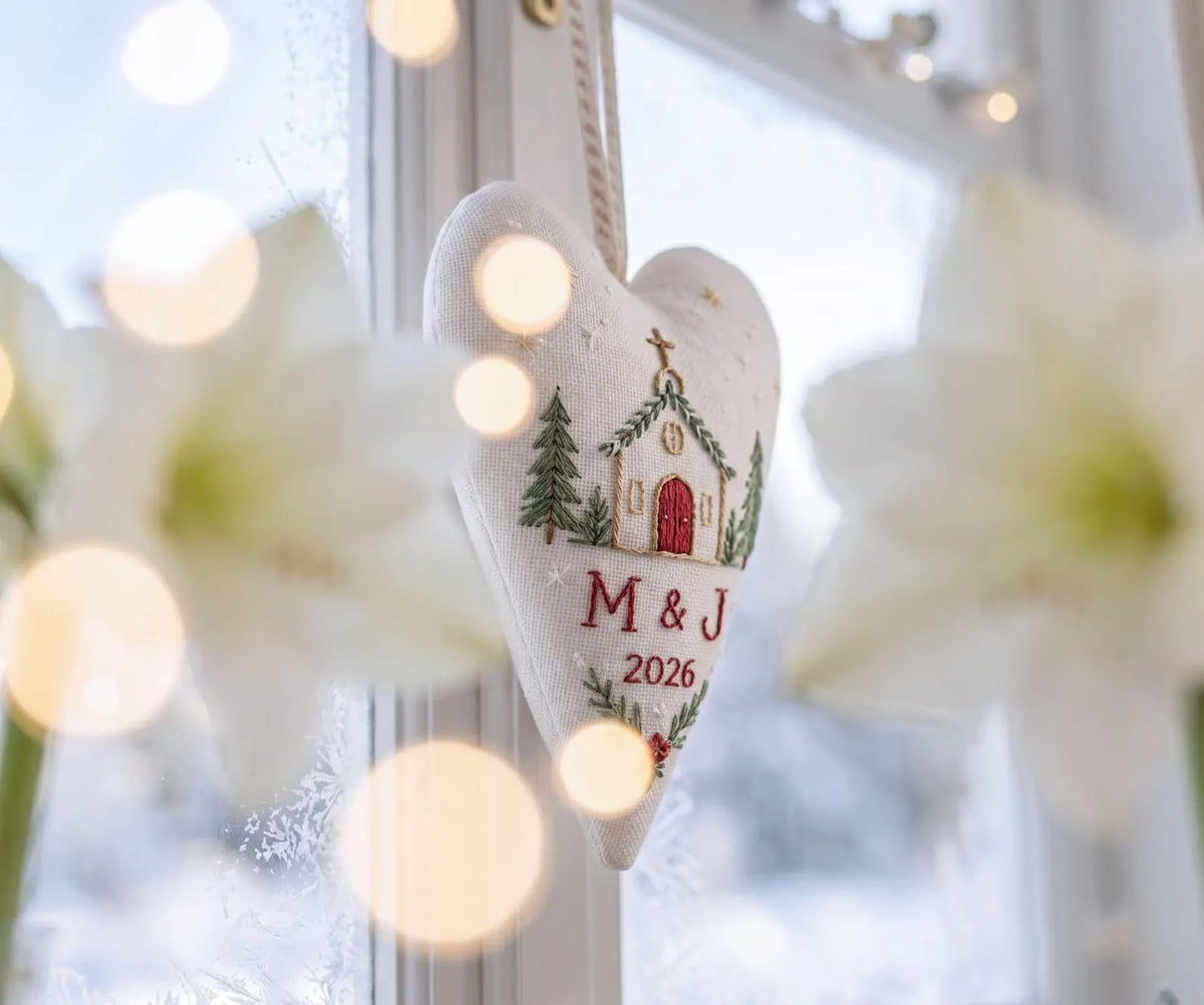 Personalized Christmas Heart Ornament, Embroidered Church Wedding Ornament, Custom Couple Initials & Year, Christmas Chapel Wedding Keepsake