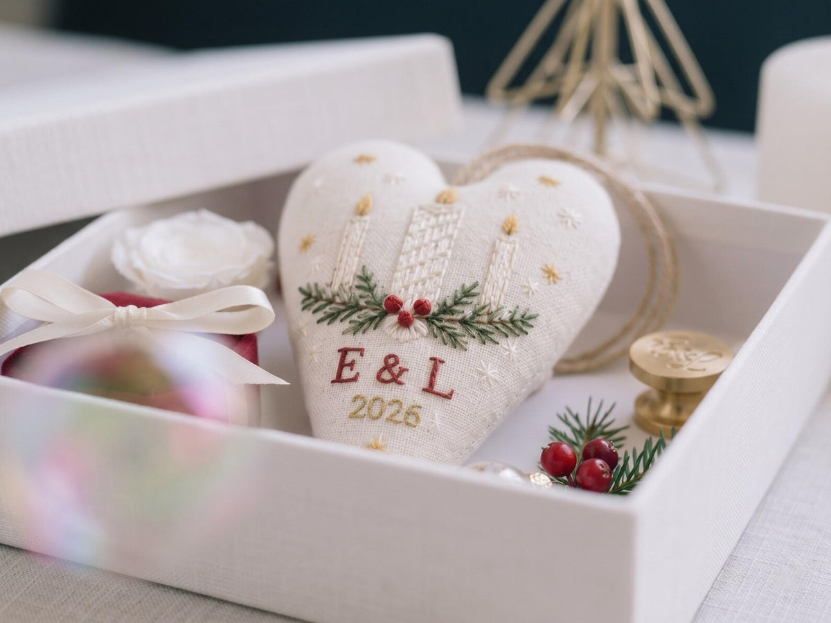 Personalized Christmas Heart Ornament, Embroidered Candle Wedding Ornament, Custom Couple Initials & Year, Christmas Wedding Gift for Couple