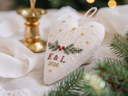 Personalized Christmas Heart Ornament, Embroidered Candle Wedding Ornament, Custom Couple Initials & Year, Christmas Wedding Gift for Couple
